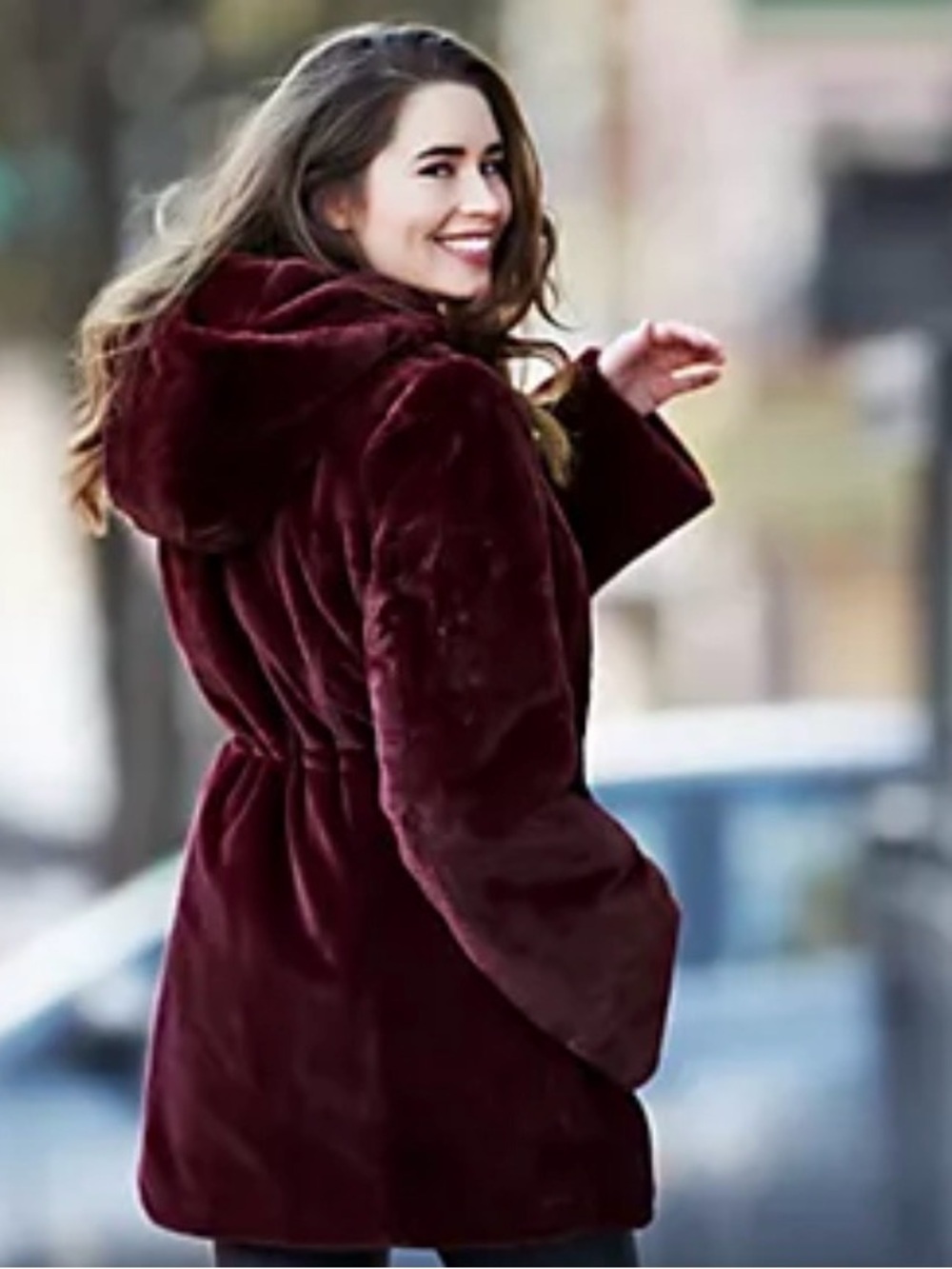 Dennis Basso Burgundy Faux Fur Hooded Coat